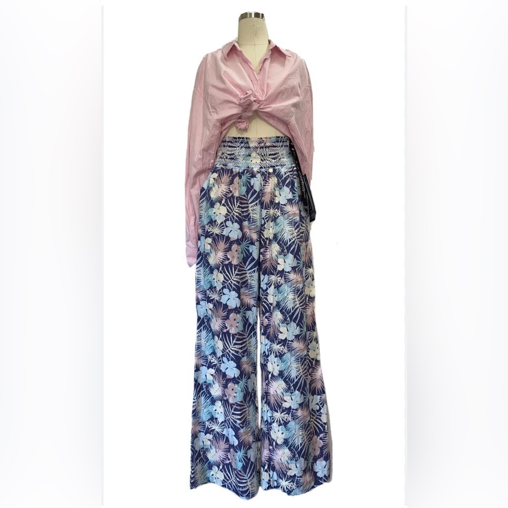 Beau Dawson linen blend wide leg tropical palms smocked waist pant size small